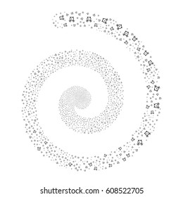 Buzzer fireworks vortex spiral. Vector illustration style is flat black scattered symbols. Object swirl created from scattered pictographs.