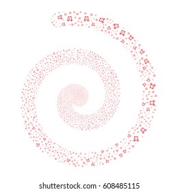 Buzzer fireworks whirl spiral. Vector illustration style is flat red scattered symbols. Object whirlpool done from scattered icons.