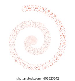 Buzzer fireworks whirl spiral. Vector illustration style is flat bicolor intensive red and orange scattered symbols. Object swirling created from random pictograms.