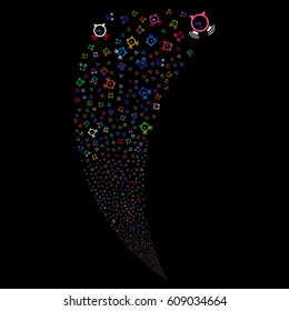 Buzzer random fireworks stream. Vector illustration style is flat bright multicolored iconic symbols on a black background. Object fountain combined from scattered design elements.