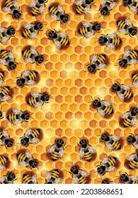 Buzzing swarm of working bees crawling on a honeycomb