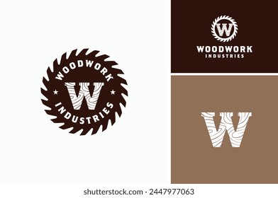 Buzzsaw Circular Saw Skilsaw Blade silhouette with letter W in Wood Texture for Carpentry Lumberjack or Woowdwork Industry label emblem badge vintage logo design