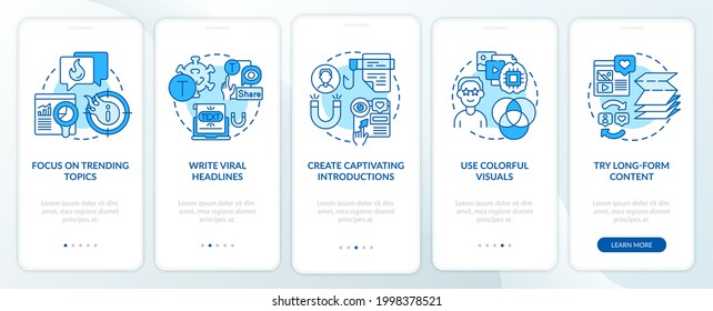 Buzzworthy content creation tips onboarding mobile app page screen. Target on trends walkthrough 5 steps graphic instructions with concepts. UI, UX, GUI vector template with linear color illustrations