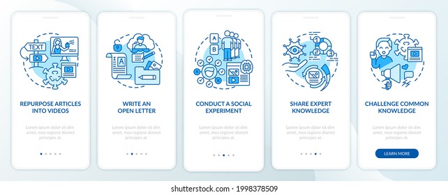 Buzzworthy content methods onboarding mobile app page screen. Repurpose into video walkthrough 5 steps graphic instructions with concepts. UI, UX, GUI vector template with linear color illustrations