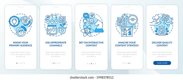 Buzzworthy content techniques onboarding mobile app page screen. Primary audience walkthrough 5 steps graphic instructions with concepts. UI, UX, GUI vector template with linear color illustrations