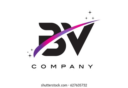 BV B V Black Letter Logo Design with Purple Magenta Swoosh and Stars.