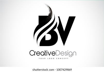 BV B V Creative Modern Black Letters Logo Design with Brush Swoosh