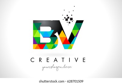 BV B V Letter Logo with Colorful Vivid Triangles Texture Design Vector Illustration.