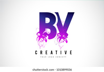 BV B V Purple Letter Logo Design with Creative Liquid Effect Flowing Vector Illustration.