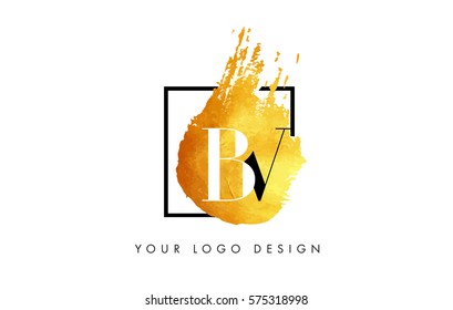 BV Gold Letter Brush Logo. Golden Painted Watercolor Background with Square Frame Vector Illustration.