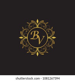 BV Initial logo. Ornament ampersand monogram golden logo black background