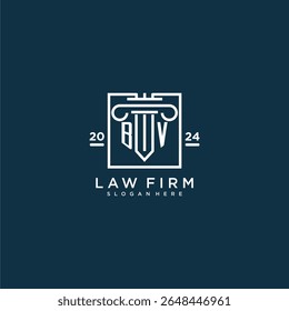 Logo inicial del monograma de BV para el bufete de abogados con el diseño del pilar en cuadrado creativo