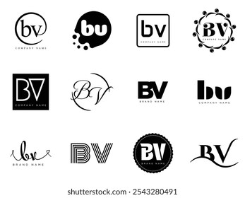 BV logo company template. Letter b and v logotype. Set different classic serif lettering and modern bold text with design elements. Initial font typography. Collection trendy business identity.