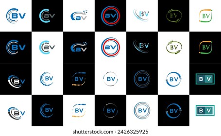 BV minimalist and classic logo set design. BV flat and simple style with black and white color variation letter logo set in one artboard.