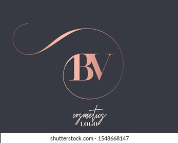 Logotipo de monograma de BV.Icono tipográfico con letra rosada metálica b y letra v.Signo de letras en mayúsculas con las iniciales decorativas de swirl.Alphabet aisladas en fondos oscuros.Moderno, lujoso, belleza, estilo boutique.