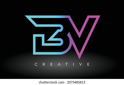 BV Neon Purple Blue Letters Logo Design. BV Outline Letter Icon Vector on Black Background Illustration