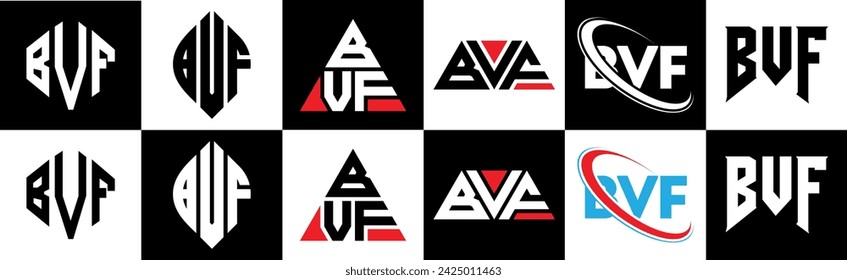 BVF letter logo design in six style. BVF polygon, circle, triangle, hexagon, flat and simple style with black and white color variation letter logo set in one artboard. BVF minimalist and classic logo