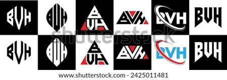 BVH letter logo design in six style. BVH polygon, circle, triangle, hexagon, flat and simple style with black and white color variation letter logo set in one artboard. BVH minimalist and classic logo