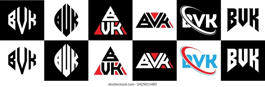 BVK letter logo design in six style. BVK polygon, circle, triangle, hexagon, flat and simple style with black and white color variation letter logo set in one artboard. BVK minimalist and classic logo