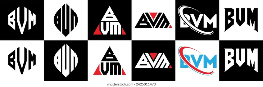 BVM letter logo design in six style. BVM polygon, circle, triangle, hexagon, flat and simple style with black and white color variation letter logo set in one artboard. BVM minimalist and classic logo