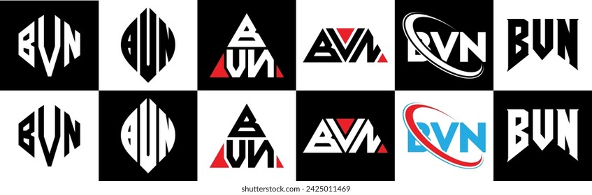 BVN letter logo design in six style. BVN polygon, circle, triangle, hexagon, flat and simple style with black and white color variation letter logo set in one artboard. BVN minimalist and classic logo