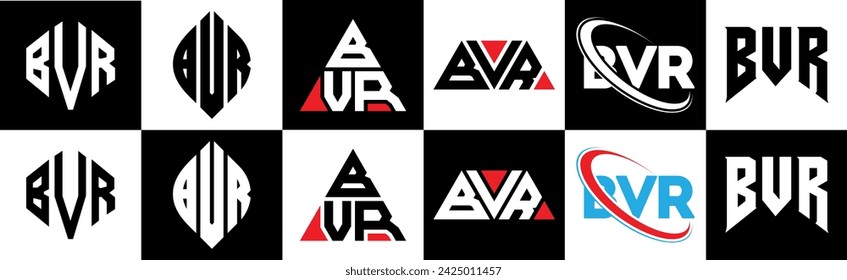 BVR letter logo design in six style. BVR polygon, circle, triangle, hexagon, flat and simple style with black and white color variation letter logo set in one artboard. BVR minimalist and classic logo