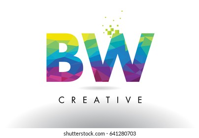 BW B W Colorful Letter Design with Creative Origami Triangles Rainbow Vector.