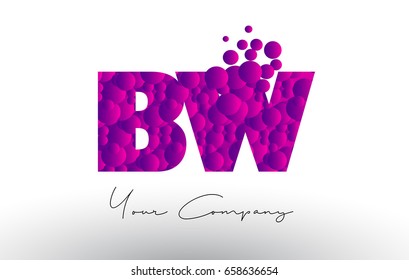 BW B W Dots Letter Logo with Purple Pink Magenta Bubbles Texture Vector.