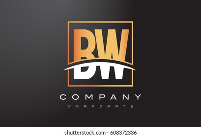 BW B W Golden Letter Logo Design with Swoosh and Rectangle Square Box Vector Design.