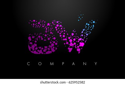 BW B W Letter Logo with Purple Blue Particles and Bubble Dots Design Vector.