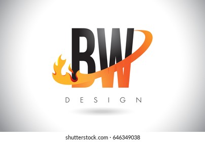 BW B W Letter Logo Design with Fire Flames and Orange Swoosh Vector Illustration.