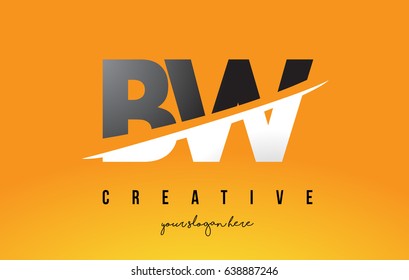 BW B W Letter Modern Logo Design with Swoosh Cutting the Middle Letters and Yellow Background.