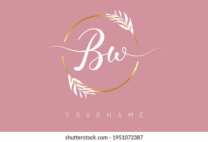 BW b w Letters logo design with golden circle and white leaves on branches around. Vector Illustration with B and w letters for personal branding, business, eco friendly or natural products. 