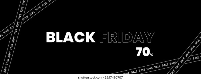 BW Black Friday background. Crossed ribbons and stripes with text on black background. Black Friday promotional banner with space for text. Vector