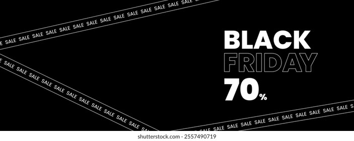 BW Black Friday background. Crossed ribbons and stripes with text on black background. Black Friday promotional banner with space for text. Vector