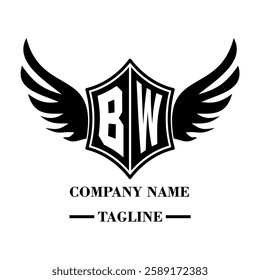 BW A bold winged shield emblem with customizable initials A-Z. Sleek black-and-white vector, perfect for branding, sports teams, motorcycle clubs, gaming,apparel and High-quality
