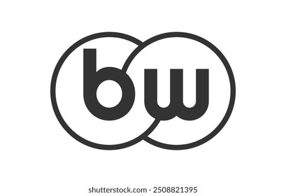 BW business company emblem with outline rounds and letters b w. Logo template of two merged circles for brand identity, logotype. Vector Infinity symbol  and technology sign.