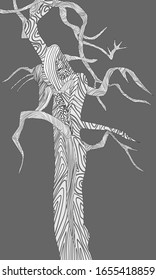 B&W dekorative Illustration von Kiefern. Schlange, stehender toter Baum. Hochmoorkiefer.