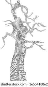 B&W decorative illustration of pine tree. Snag, standing dead tree. Raised bog pine.