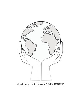 bw earth in human hands isolated on a white background, outline style square vector illustration