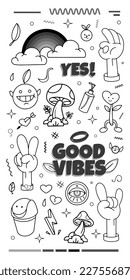 BW Groovy, cool hippie 70s stickers. colorful, funny cartoon flower, rainbow, fruit, home, heart in retro psychedelic style. isolated on white background.