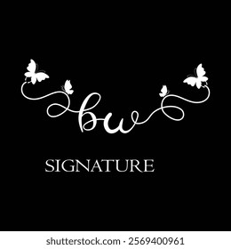 BW Handwritten initial letter, BW simple signature vector logo with butterfly shape variation, beauty, photography letter logo design. B W