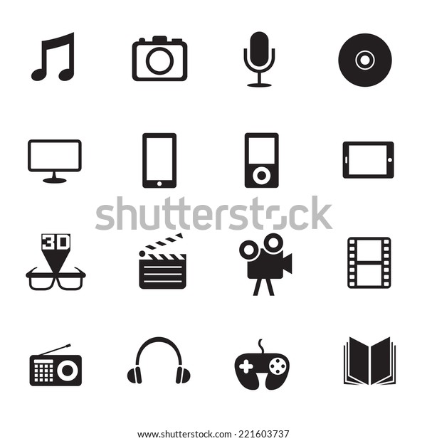 Bw Icons Set Multimedia Entertainment Objects Stock Vector (Royalty ...