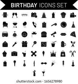 B&W Illustration of Birthday Icon Set on White Background.