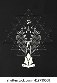 B&w illustration of cobra. Symbolises immortality of the snake due to the shedding of its skin. Snake eating its tail is a symbol of eternity. Coloring page, T-shirt, fashion and tattoo art.  