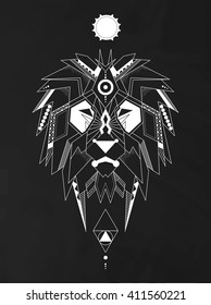 B&W Illustration of geometric lion. Lion is considered by many cultures to be a solar animal symbol. Represents strength, wisdom, power, royalty and courage. T-shirt, fashion and tattoo art. 