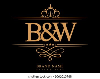 B&W Initial logo, Ampersand initial logo gold with crown and classic pattern