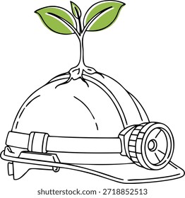 BW arte de línea de casco de minería con brote de planta para el concepto de sostenibilidad