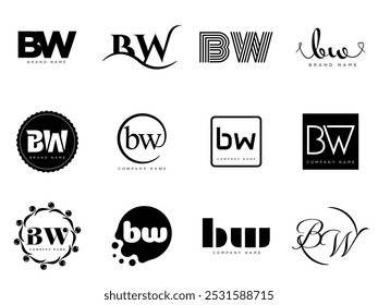 BW logo company template. Letter b and w logotype. Set different classic serif lettering and modern bold text with design elements. Initial font typography. Collection trendy business identity.