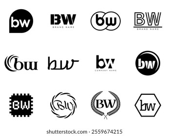 BW logo company template. Letter b and w logotype. Set different classic serif lettering and modern bold text with design elements. Initial font typography. Collection trendy business identity.